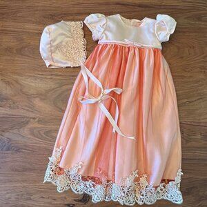 The Rain Kids Corp Custom Dyed Lace Satin Tulle Overlay Dress with Bonnet